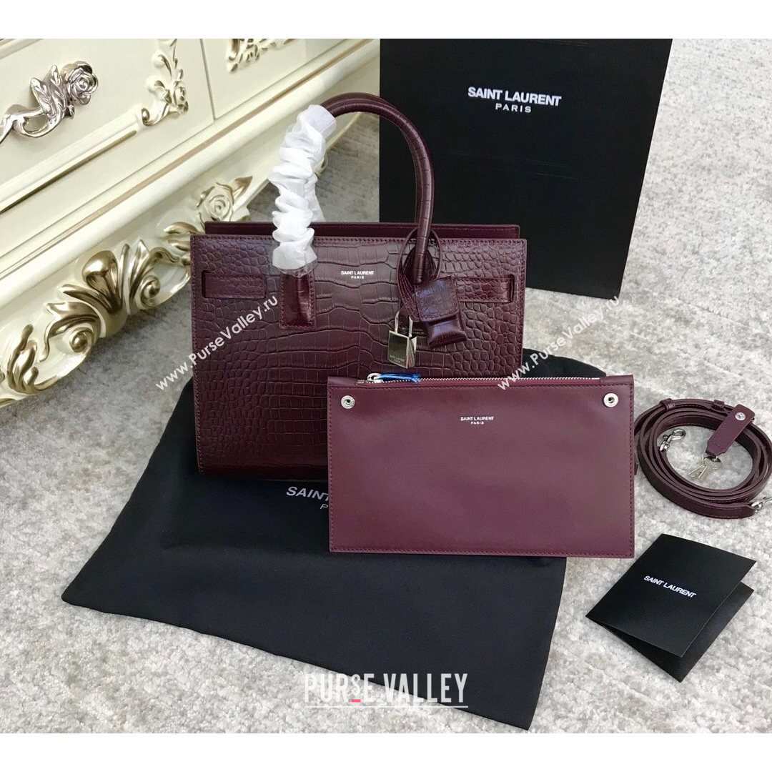 Saint Laurent Classic Baby Sac De Jour Bag in Embossed Crocodile Leather Burgundy 2021 (YID-210827064)