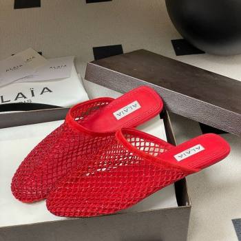 Alaia Flat Mules in Fishnet and Suede with Strass Red 2025 AL020703 (MD-260207062)