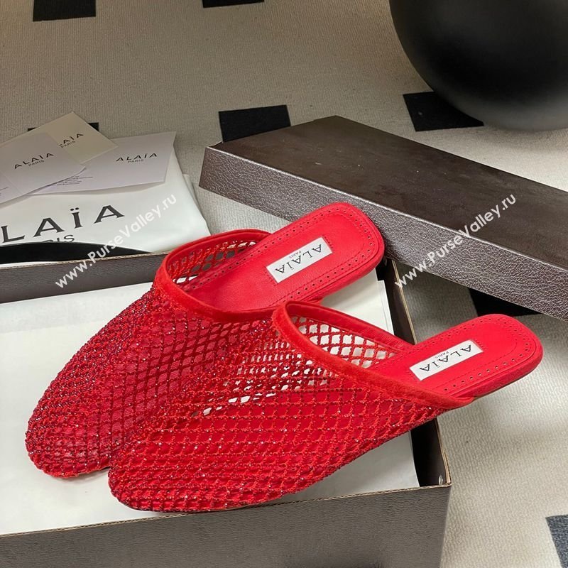 Alaia Flat Mules in Fishnet and Suede with Strass Red 2025 AL020703 (MD-260207062)