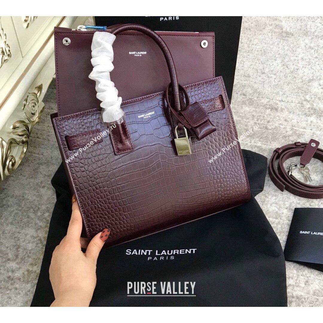 Saint Laurent Classic Baby Sac De Jour Bag in Embossed Crocodile Leather Burgundy 2021 (YID-210827064)