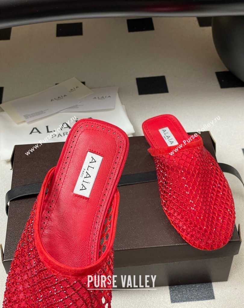 Alaia Flat Mules in Fishnet and Suede with Strass Red 2025 AL020703 (MD-260207062)