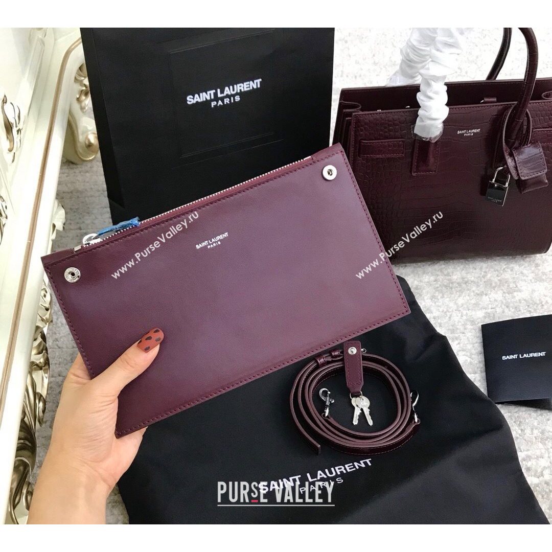 Saint Laurent Classic Baby Sac De Jour Bag in Embossed Crocodile Leather Burgundy 2021 (YID-210827064)