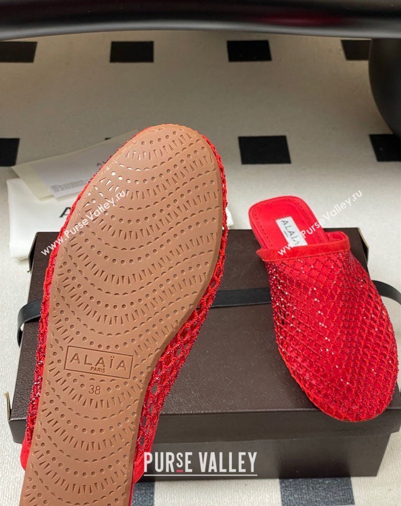 Alaia Flat Mules in Fishnet and Suede with Strass Red 2025 AL020703 (MD-260207062)