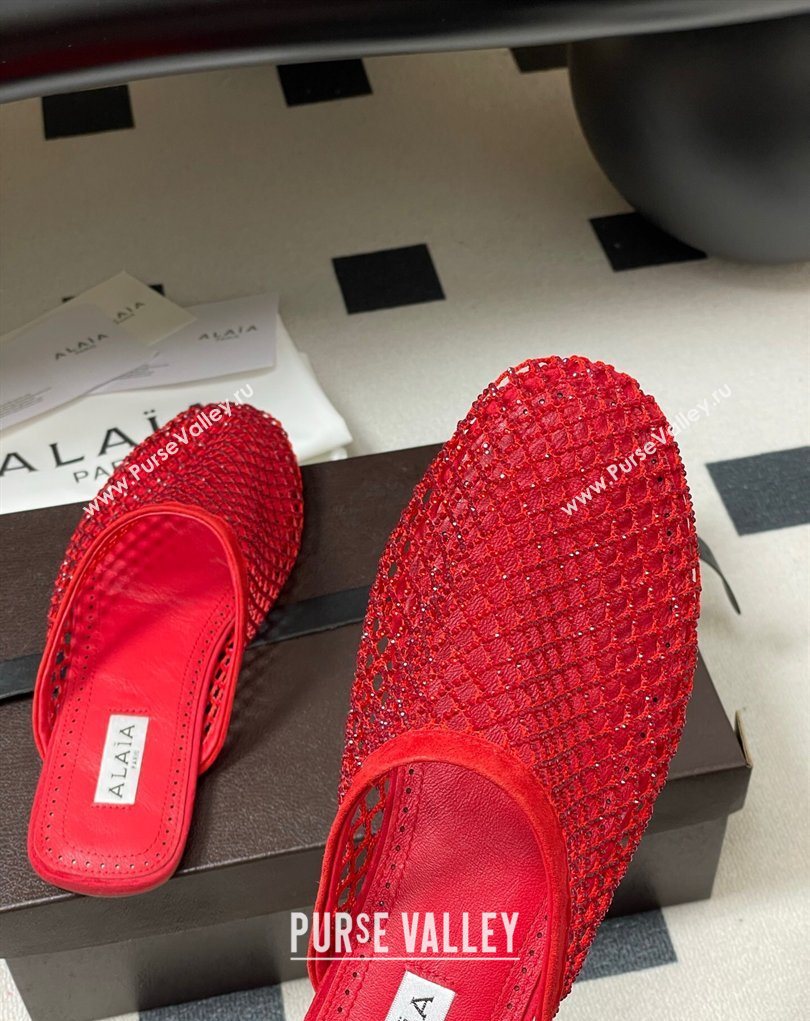 Alaia Flat Mules in Fishnet and Suede with Strass Red 2025 AL020703 (MD-260207062)