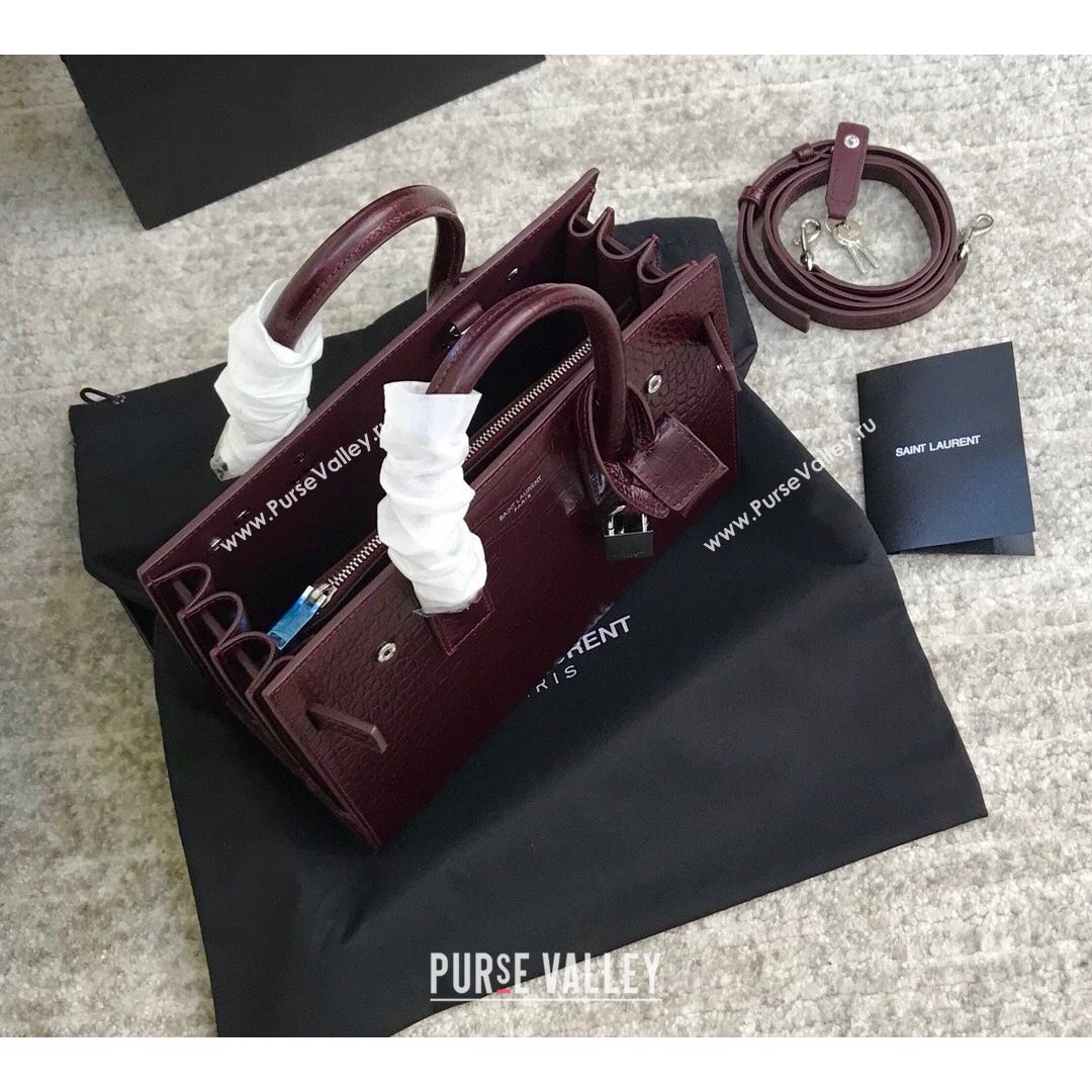 Saint Laurent Classic Baby Sac De Jour Bag in Embossed Crocodile Leather Burgundy 2021 (YID-210827064)