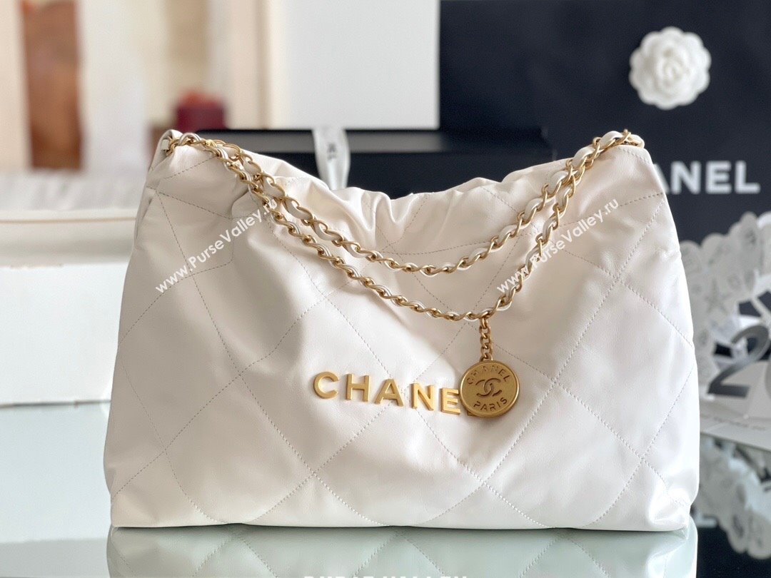 Chanel Shiny Calfskin 22 East West Shopping Bag AS4486 White/Gold 2024 Top Quality (MHE-24072302)