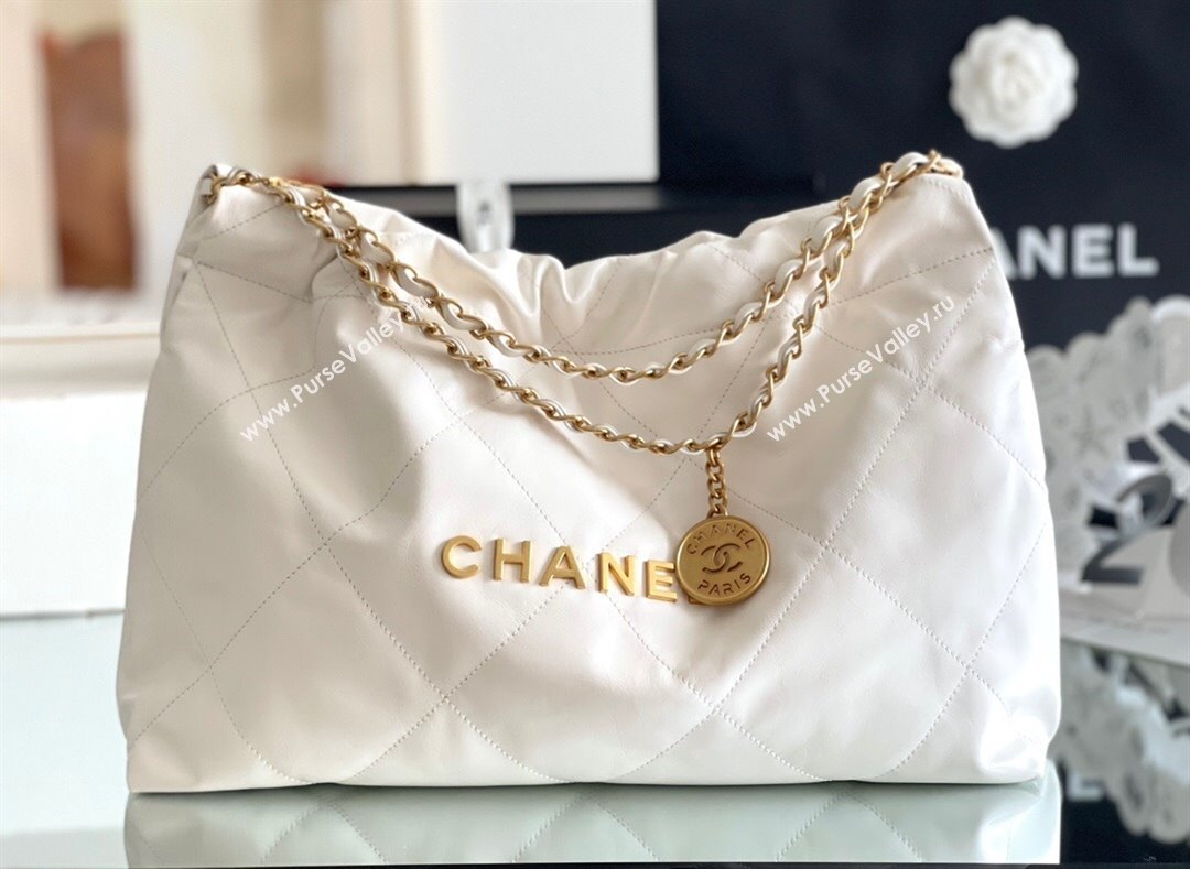 Chanel Shiny Calfskin 22 East West Shopping Bag AS4486 White/Gold 2024 Top Quality (MHE-24072302)