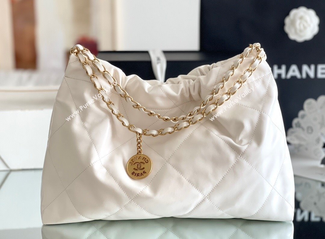 Chanel Shiny Calfskin 22 East West Shopping Bag AS4486 White/Gold 2024 Top Quality (MHE-24072302)