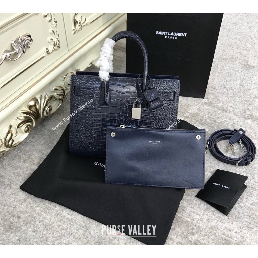 Saint Laurent Classic Baby Sac De Jour Bag in Embossed Crocodile Leather Blue 2021 (YID-210827062)