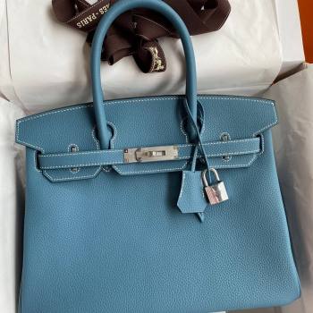 Hermes Birkin 30cm/35cm Bag in Original Togo Leather Denim Blue/Silver 2024 (Full Handmade) (XYA-24040916)
