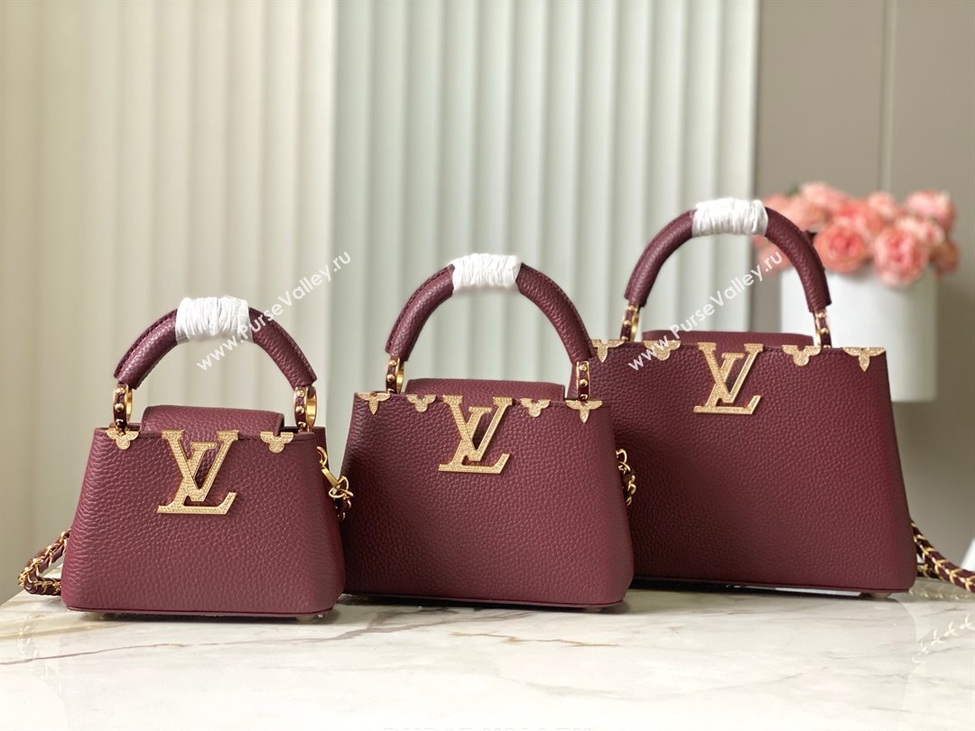 Louis Vuitton Capucines Mini Bag with Strass Hardware in Burgundy Taurillon Leather M24583 2025 (K-25010716)