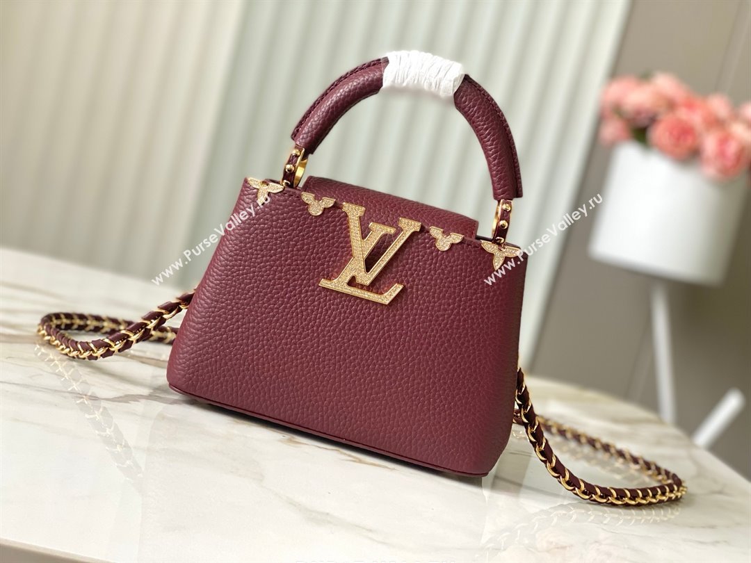 Louis Vuitton Capucines Mini Bag with Strass Hardware in Burgundy Taurillon Leather M24583 2025 (K-25010716)