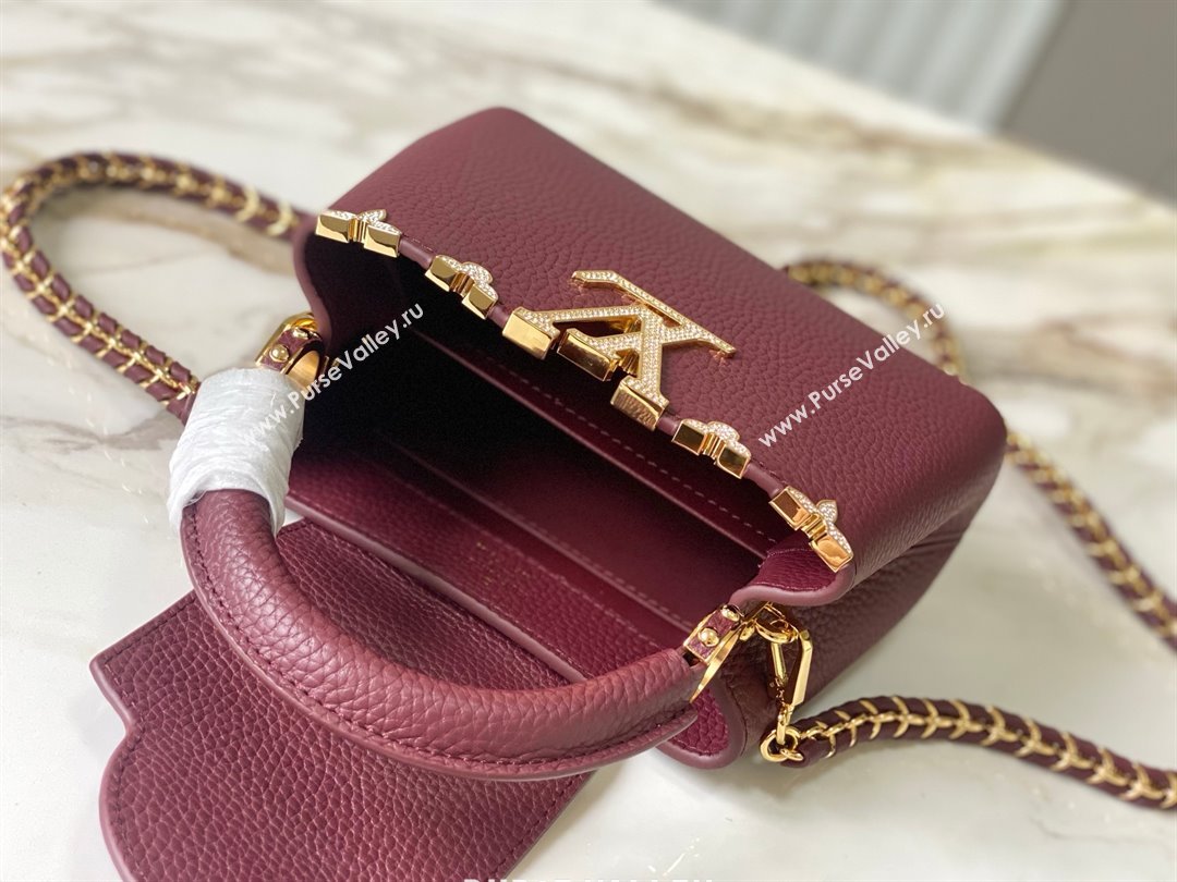 Louis Vuitton Capucines Mini Bag with Strass Hardware in Burgundy Taurillon Leather M24583 2025 (K-25010716)