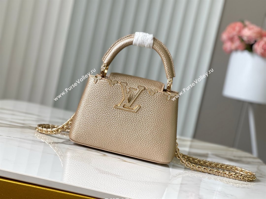 Louis Vuitton Capucines Mini Bag with Strass Hardware in Gold Taurillon Leather M24583 2025 (K-25011405)