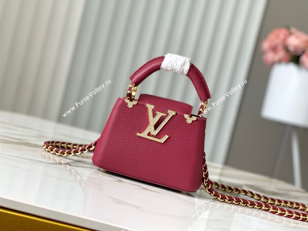 Louis Vuitton Capucines Nano Bag with Strass Hardware in Taurillon Leather M24583 Deep Red 2025 (K-25011401)