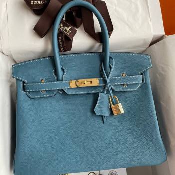 Hermes Birkin 30cm/35cm Bag in Original Togo Leather Denim Blue/Gold 2024 (Full Handmade) (XYA-24040917)