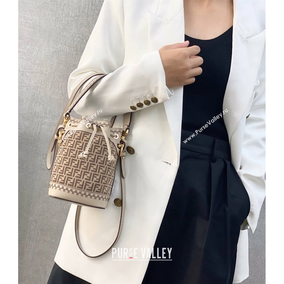 Fendi Mon Tresor Mini Bucket Bag in FF Suede and Calfskin Beige 2021 (CL-21090618)