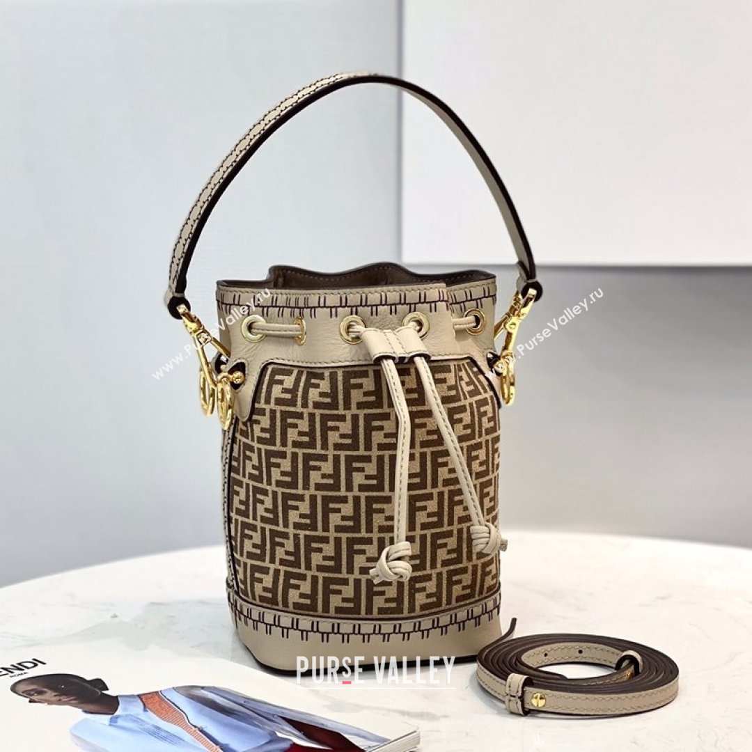 Fendi Mon Tresor Mini Bucket Bag in FF Suede and Calfskin Beige 2021 (CL-21090618)