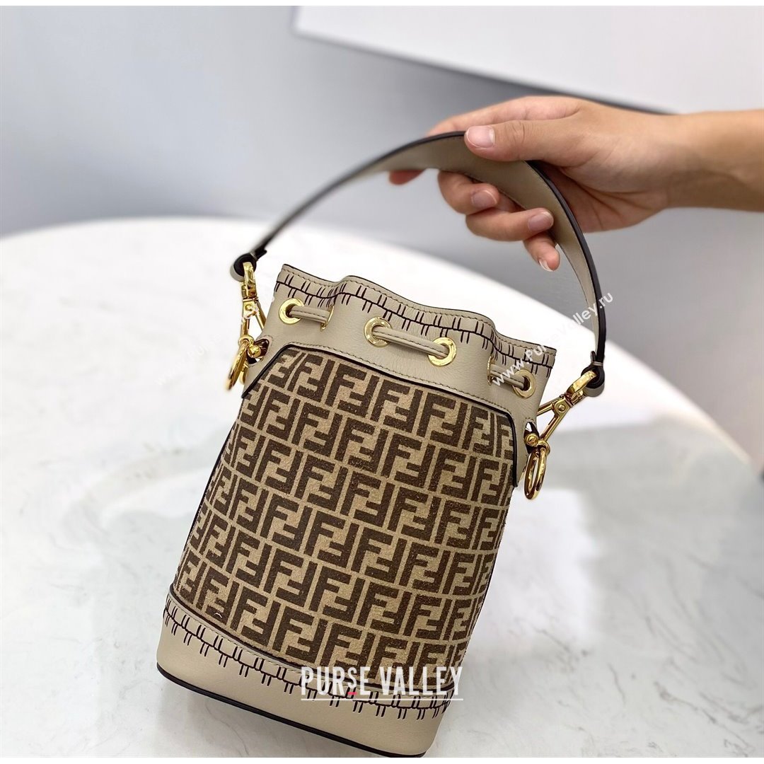 Fendi Mon Tresor Mini Bucket Bag in FF Suede and Calfskin Beige 2021 (CL-21090618)