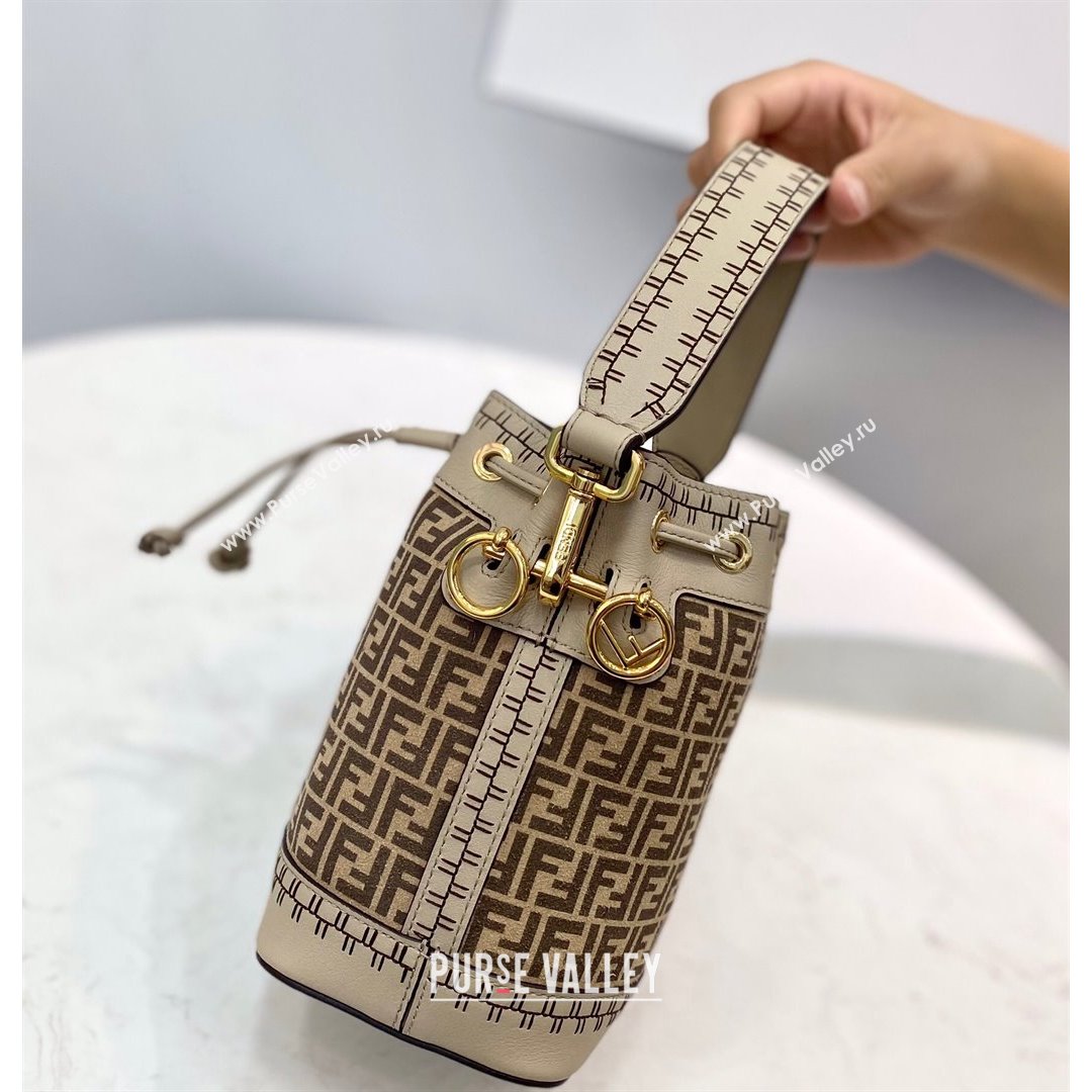 Fendi Mon Tresor Mini Bucket Bag in FF Suede and Calfskin Beige 2021 (CL-21090618)