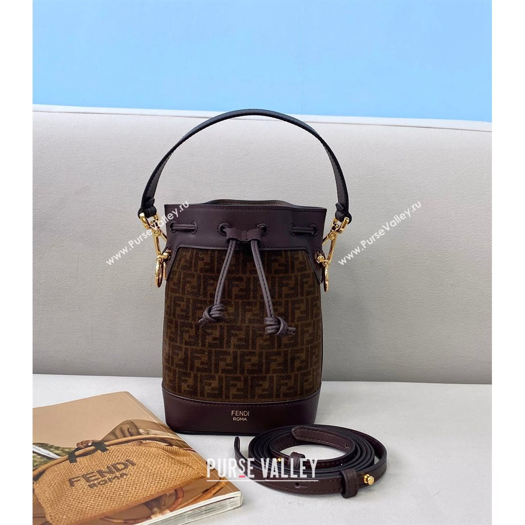 Fendi Mon Tresor Mini Bucket Bag in FF Suede and Calfskin Brown 2021 (CL-21090619)