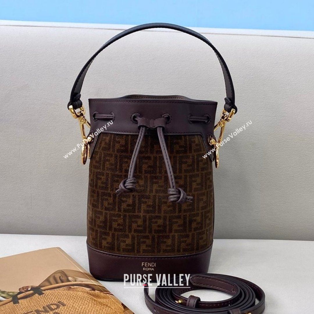 Fendi Mon Tresor Mini Bucket Bag in FF Suede and Calfskin Brown 2021 (CL-21090619)