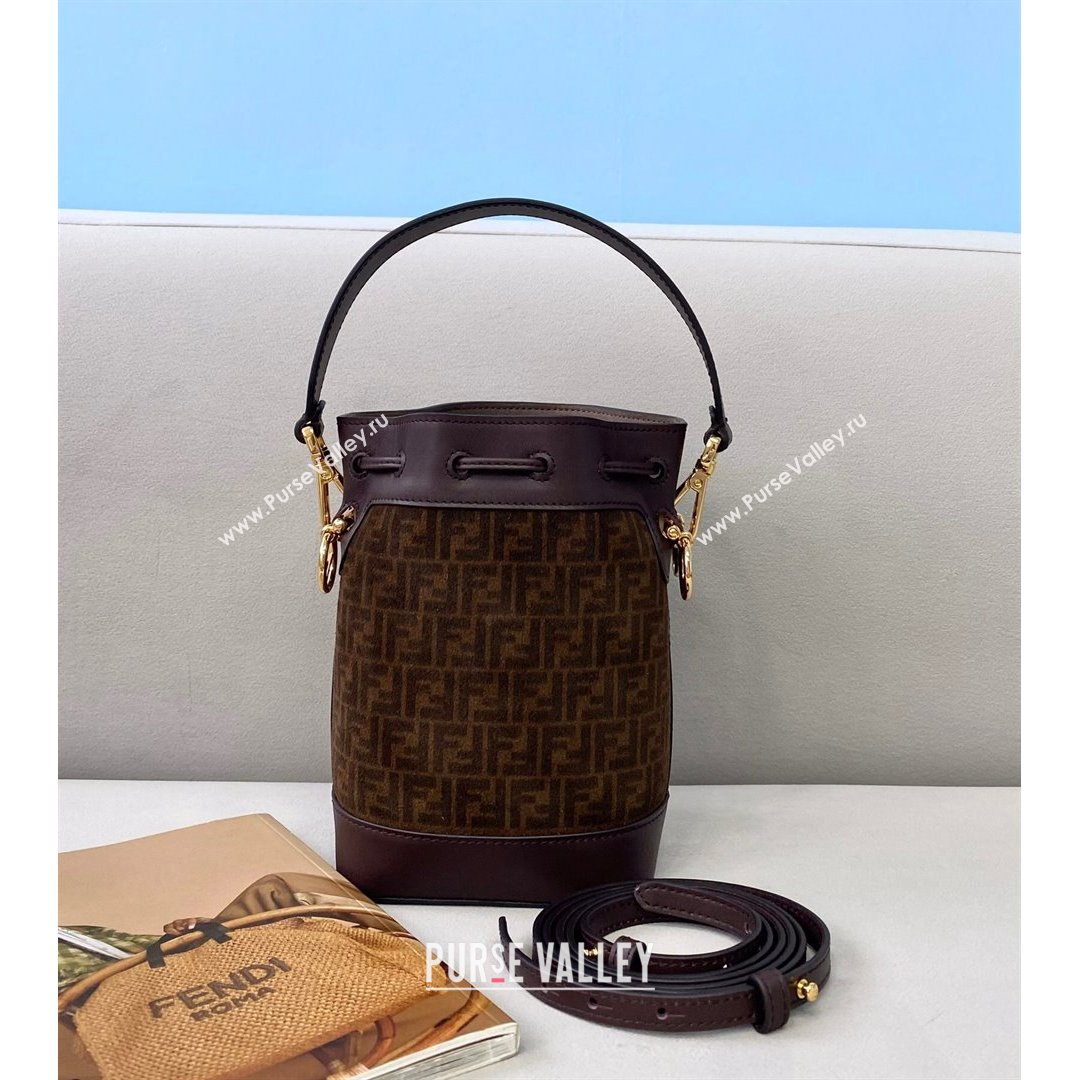 Fendi Mon Tresor Mini Bucket Bag in FF Suede and Calfskin Brown 2021 (CL-21090619)