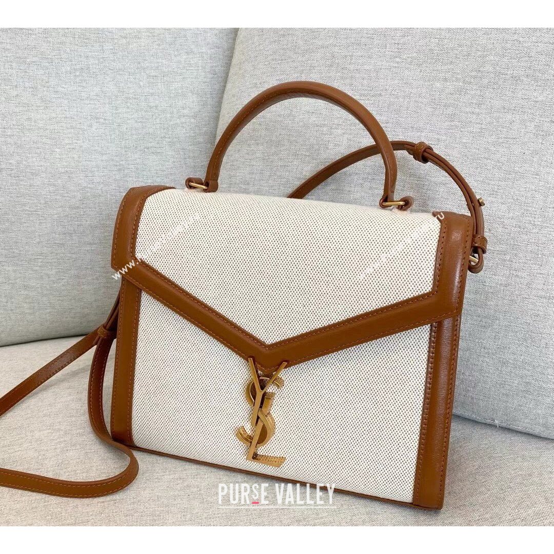 Saint Laurent Cassandra Top Handle Medium Bag  in Canvas and Smooth Leather 578000 Brown 2021 (YID-210827070)