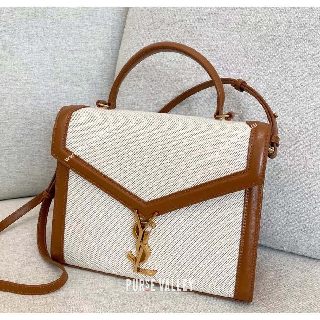 Saint Laurent Cassandra Top Handle Medium Bag  in Canvas and Smooth Leather 578000 Brown 2021 (YID-210827070)