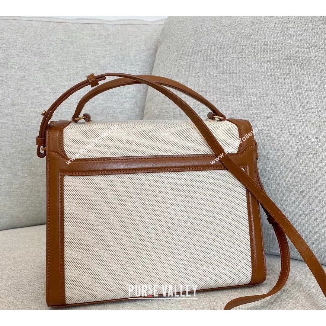 Saint Laurent Cassandra Top Handle Medium Bag  in Canvas and Smooth Leather 578000 Brown 2021 (YID-210827070)