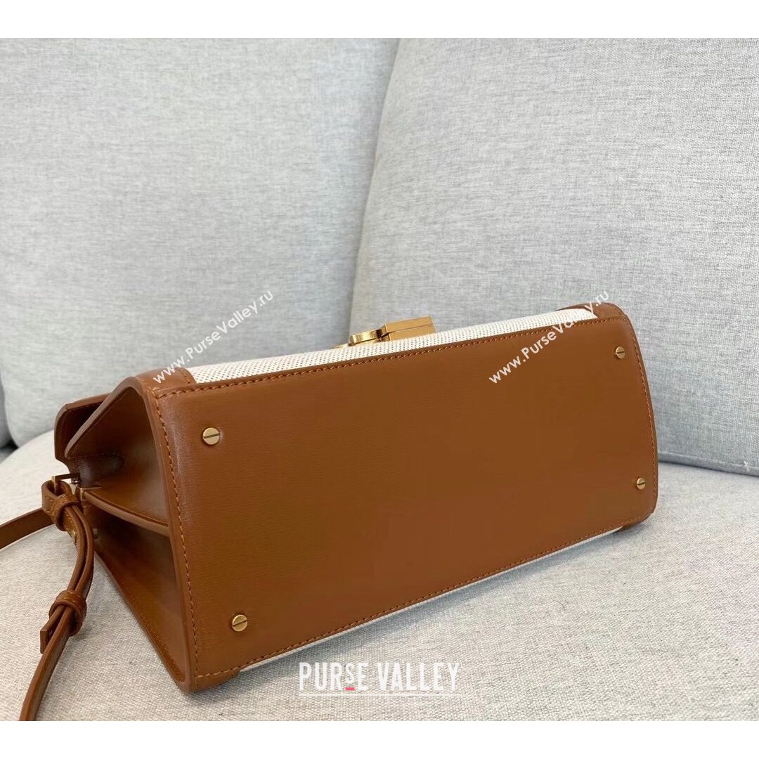 Saint Laurent Cassandra Top Handle Medium Bag  in Canvas and Smooth Leather 578000 Brown 2021 (YID-210827070)