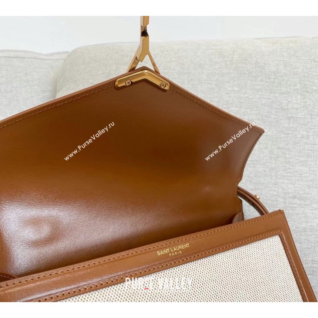 Saint Laurent Cassandra Top Handle Medium Bag  in Canvas and Smooth Leather 578000 Brown 2021 (YID-210827070)