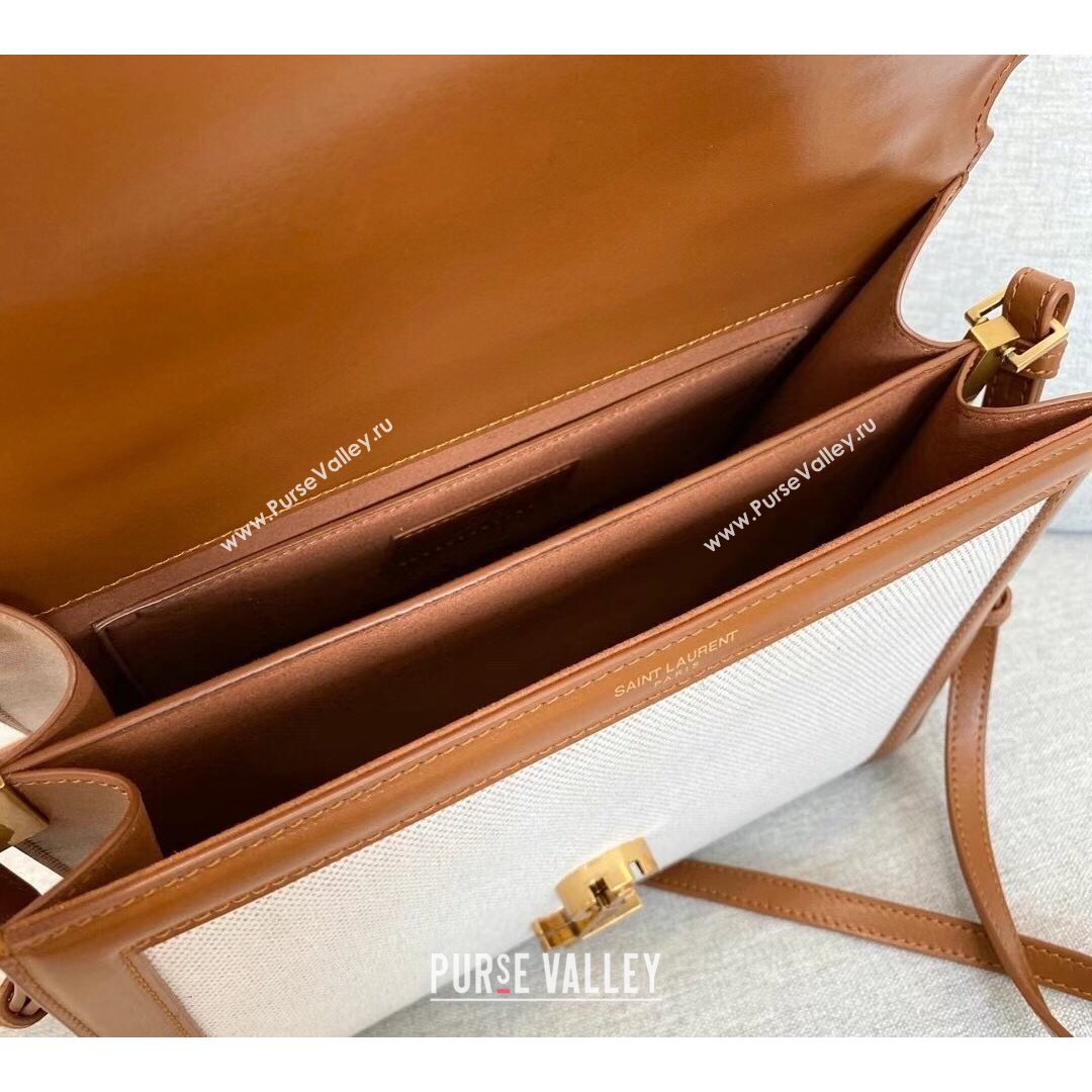 Saint Laurent Cassandra Top Handle Medium Bag  in Canvas and Smooth Leather 578000 Brown 2021 (YID-210827070)