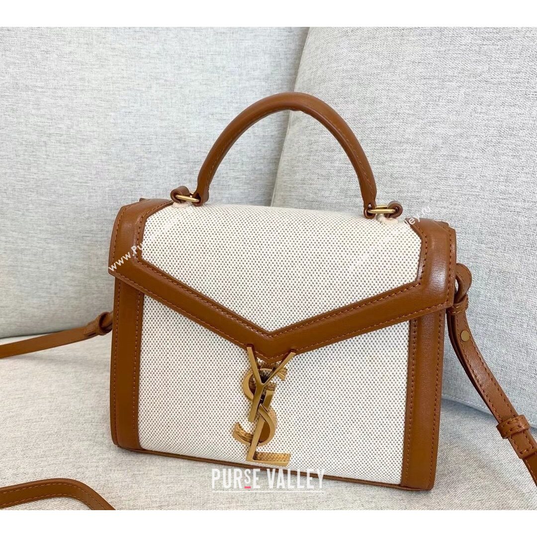 Saint Laurent CASSANDRA Mini Top Handle Bag in Canvas and Smooth Leather 602716 Brown 2020 (YID-210827071)