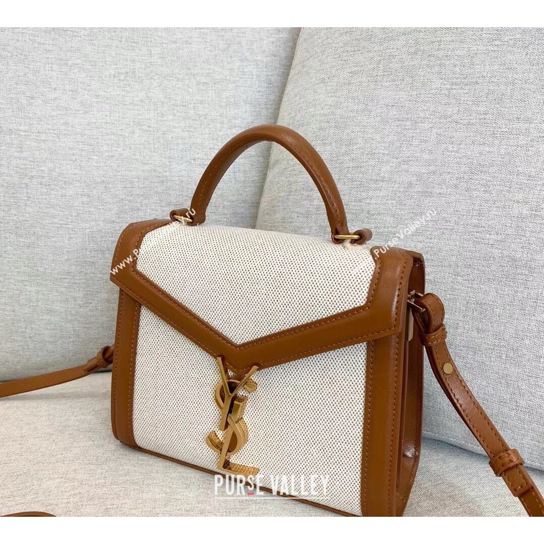 Saint Laurent CASSANDRA Mini Top Handle Bag in Canvas and Smooth Leather 602716 Brown 2020 (YID-210827071)