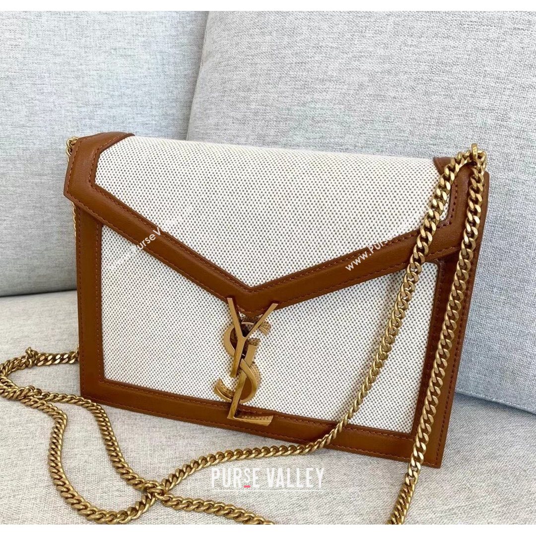 Saint Laurent Cassandra Monogram Clasp Bag in Canvas and Smooth Leather 532750 Brown 2021 (YID-210827072)