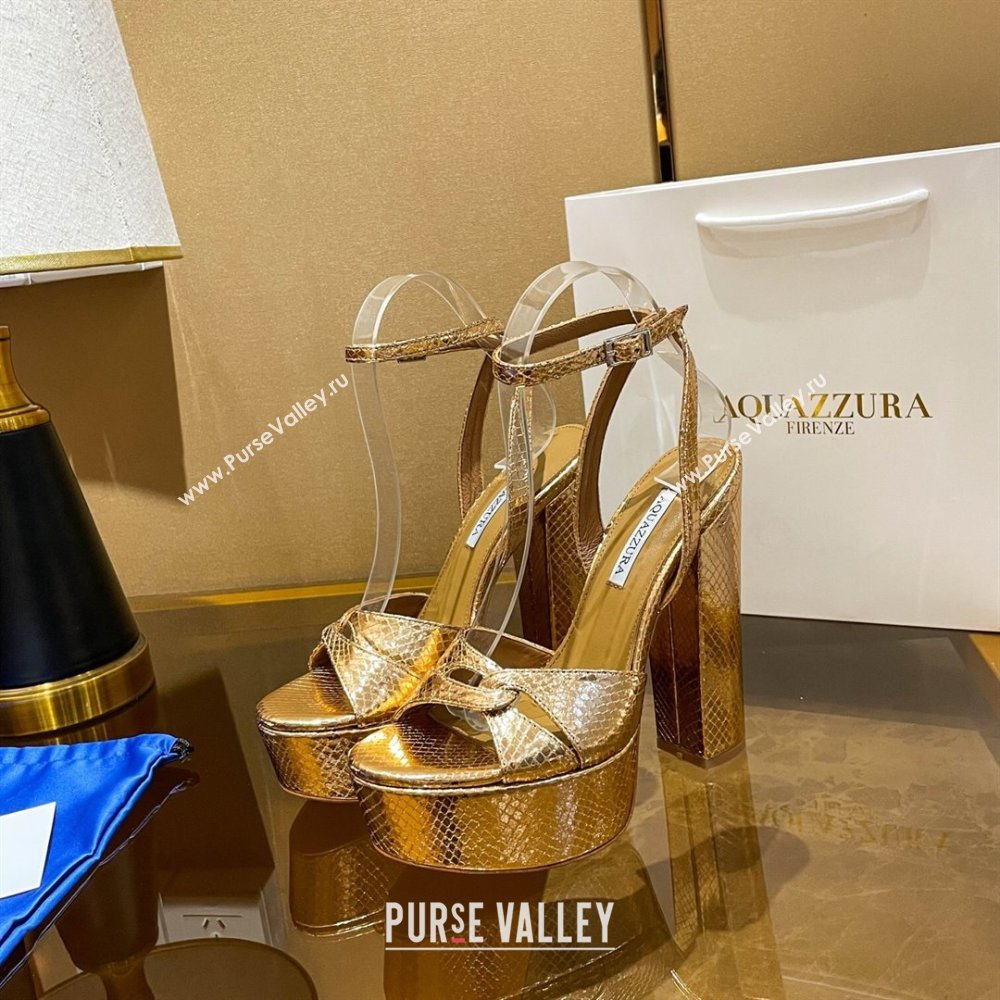 Aquazzura Sinner Plateau 140 Platform Sandals in Snake Pattern Leather Gold 2024 (MD-24022003)