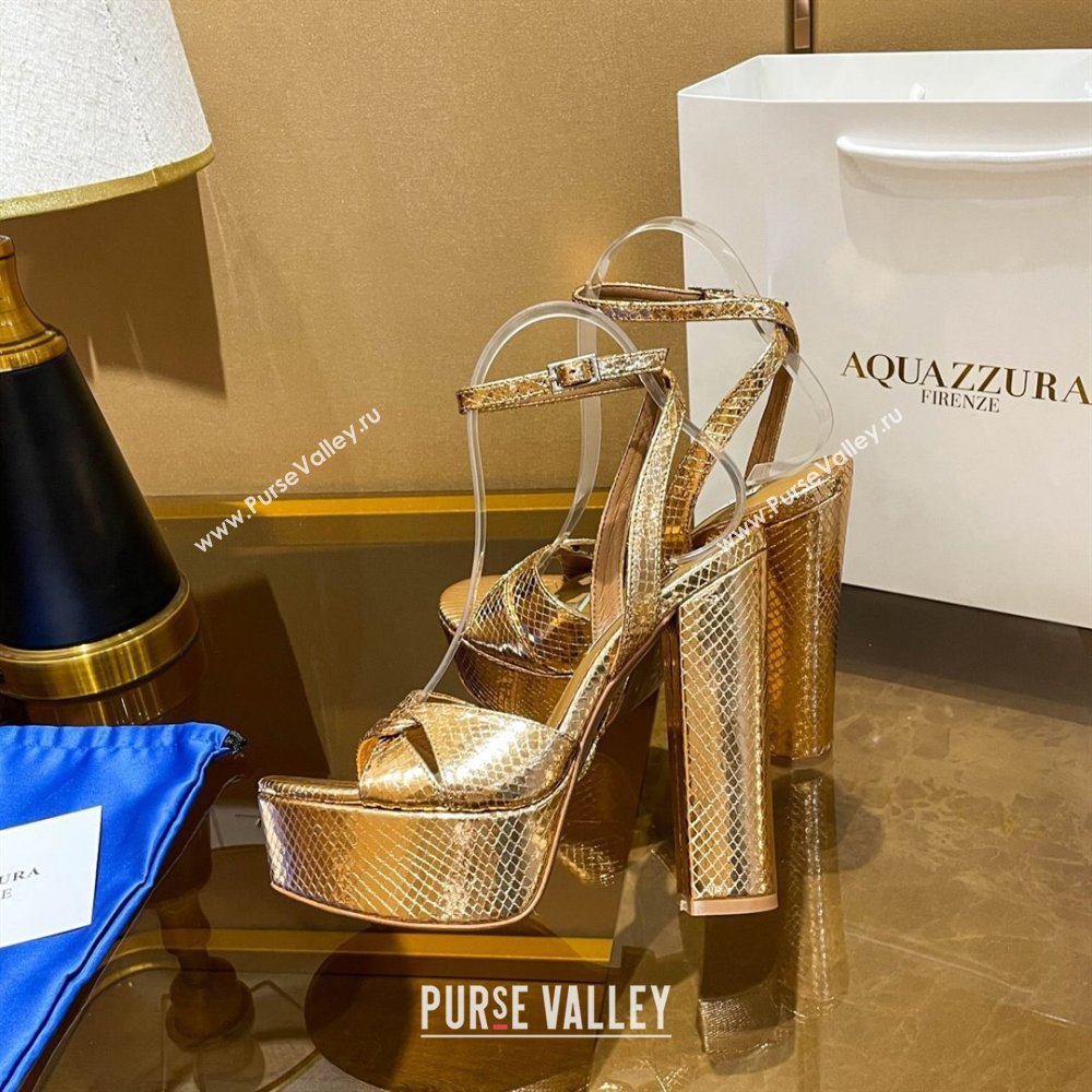 Aquazzura Sinner Plateau 140 Platform Sandals in Snake Pattern Leather Gold 2024 (MD-24022003)