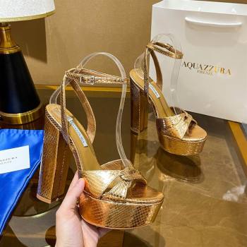 Aquazzura Sinner Plateau 140 Platform Sandals in Snake Pattern Leather Gold 2024 (MD-24022003)