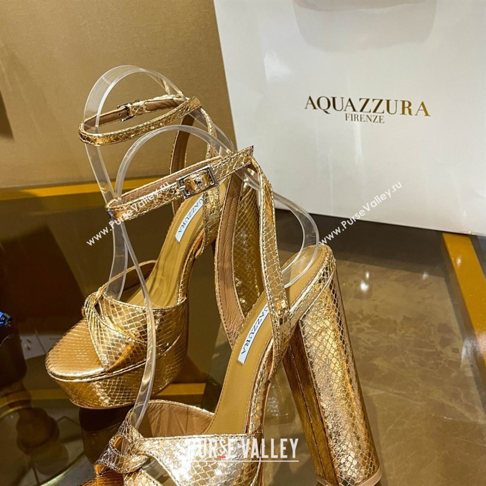 Aquazzura Sinner Plateau 140 Platform Sandals in Snake Pattern Leather Gold 2024 (MD-24022003)