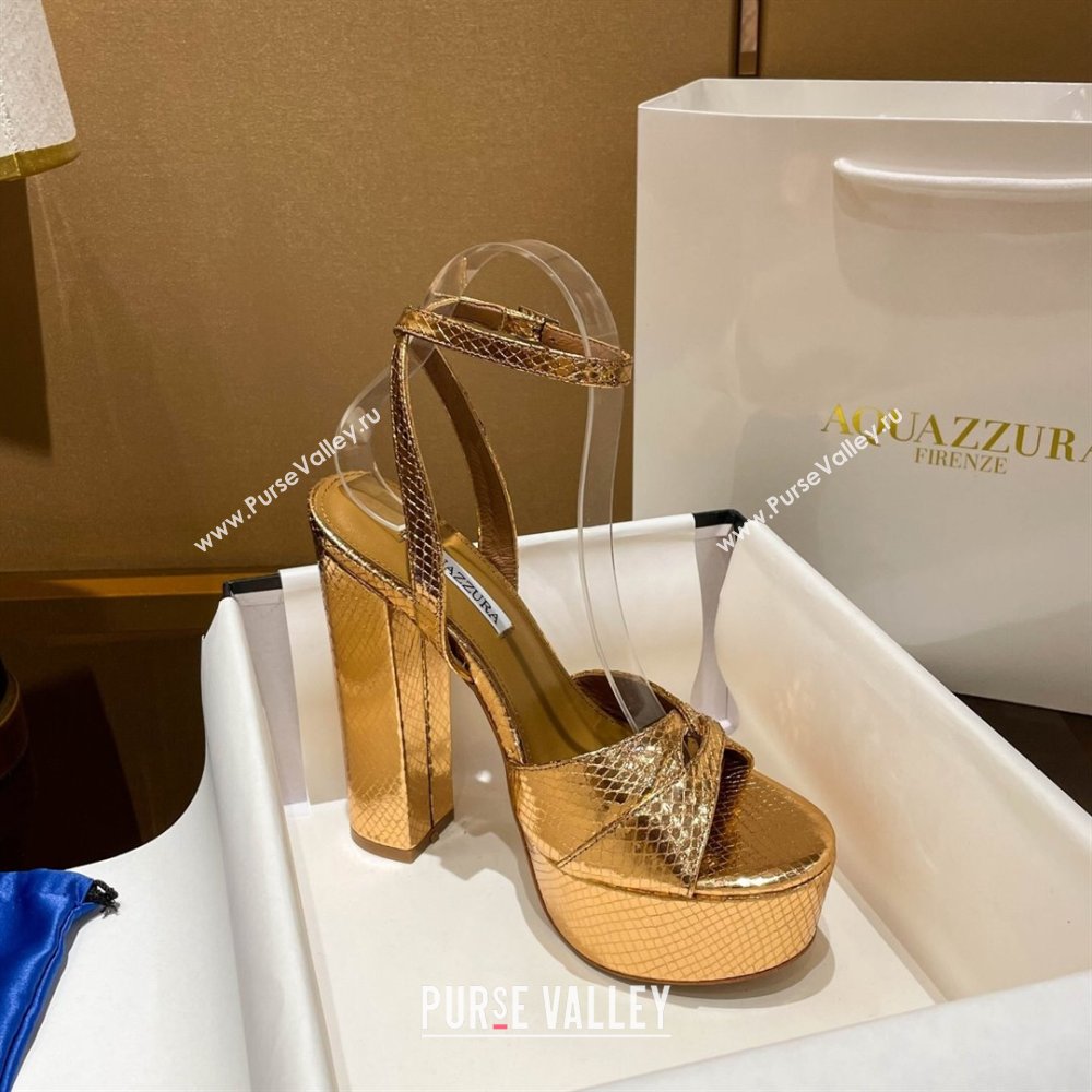 Aquazzura Sinner Plateau 140 Platform Sandals in Snake Pattern Leather Gold 2024 (MD-24022003)