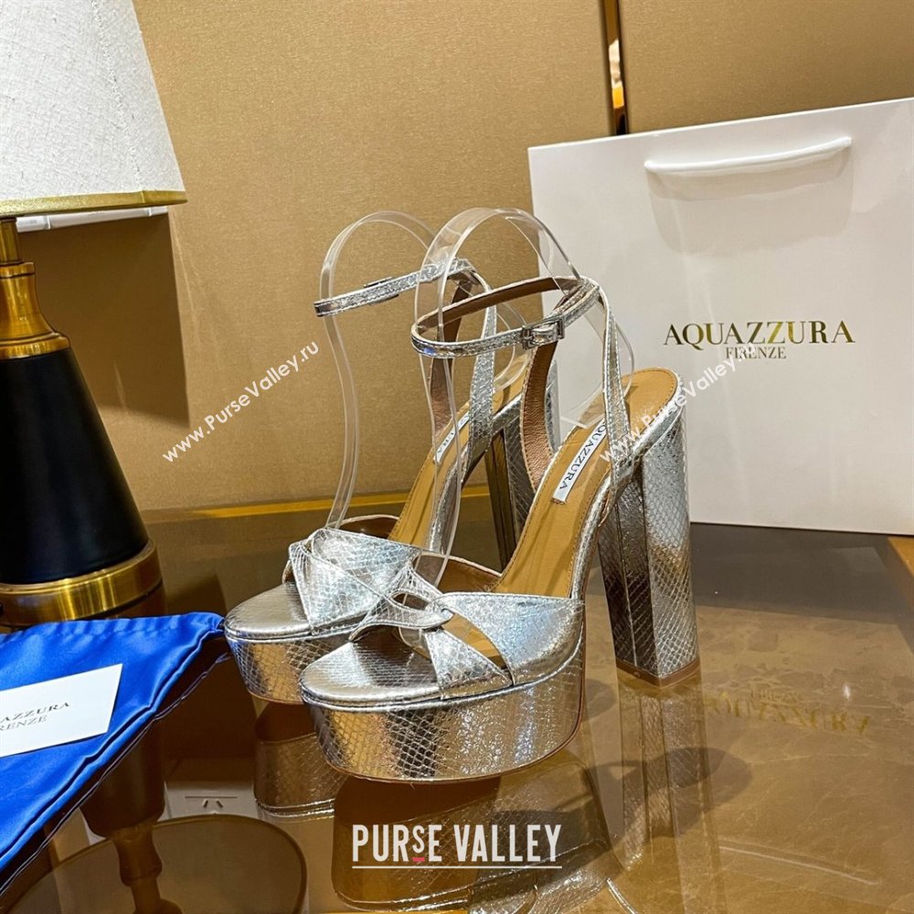 Aquazzura Sinner Plateau 140 Platform Sandals in Snake Pattern Leather Silver 2024 (MD-24022010)