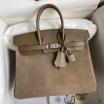 Hermes Birkin 25/30 Bag in Original Swift and Suede Leather Etoupe/Silver 2024 (Full Handmade) (XYA-24040932)