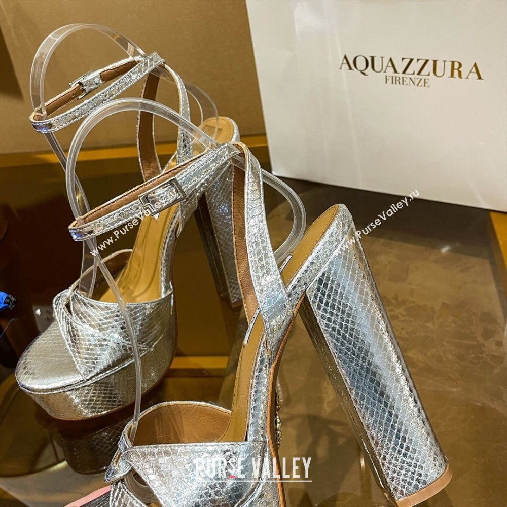 Aquazzura Sinner Plateau 140 Platform Sandals in Snake Pattern Leather Silver 2024 (MD-24022010)