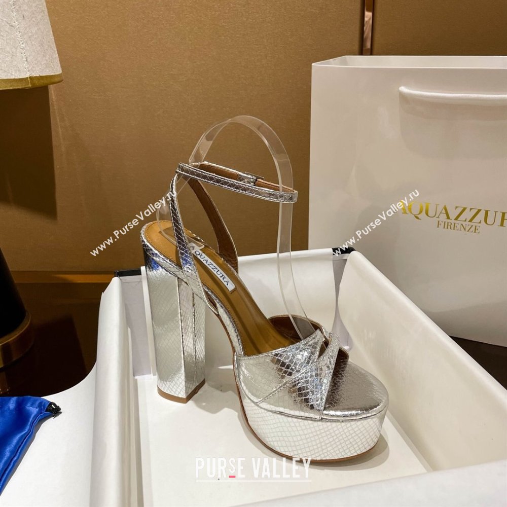 Aquazzura Sinner Plateau 140 Platform Sandals in Snake Pattern Leather Silver 2024 (MD-24022010)