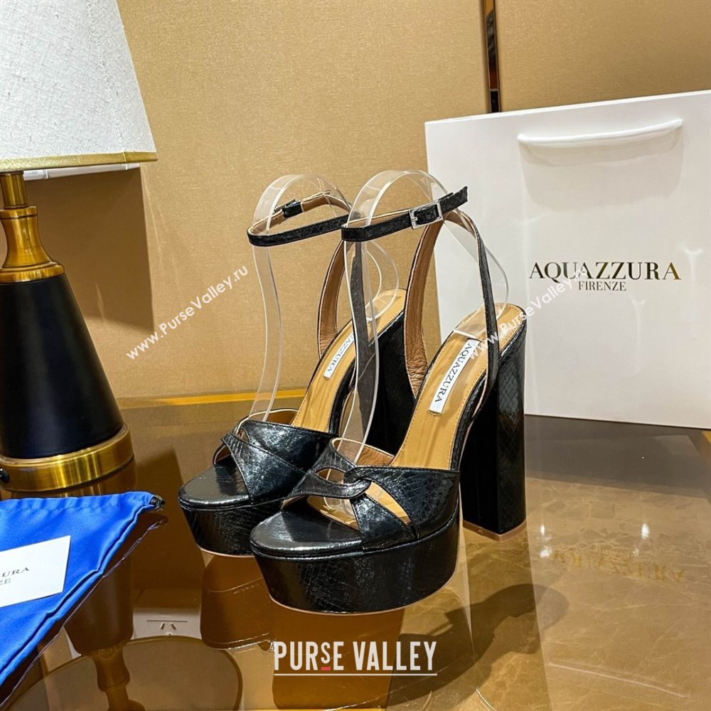 Aquazzura Sinner Plateau 140 Platform Sandals in Snake Pattern Leather Black 2024 (MD-24022011)