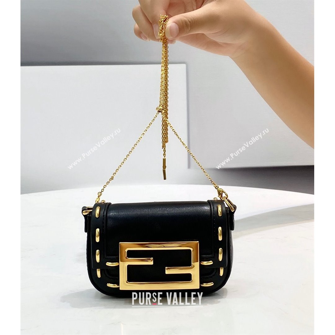Fendi Nano Baguette Charm in Metal Stitched Leather Black 2021 (CL-21090624)