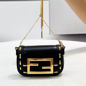 Fendi Nano Baguette Charm in Metal Stitched Leather Black 2021 (CL-21090624)