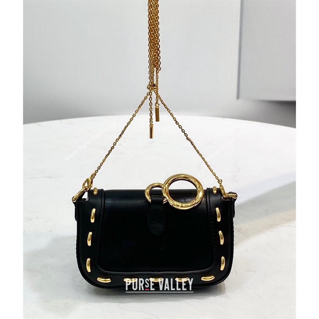 Fendi Nano Baguette Charm in Metal Stitched Leather Black 2021 (CL-21090624)