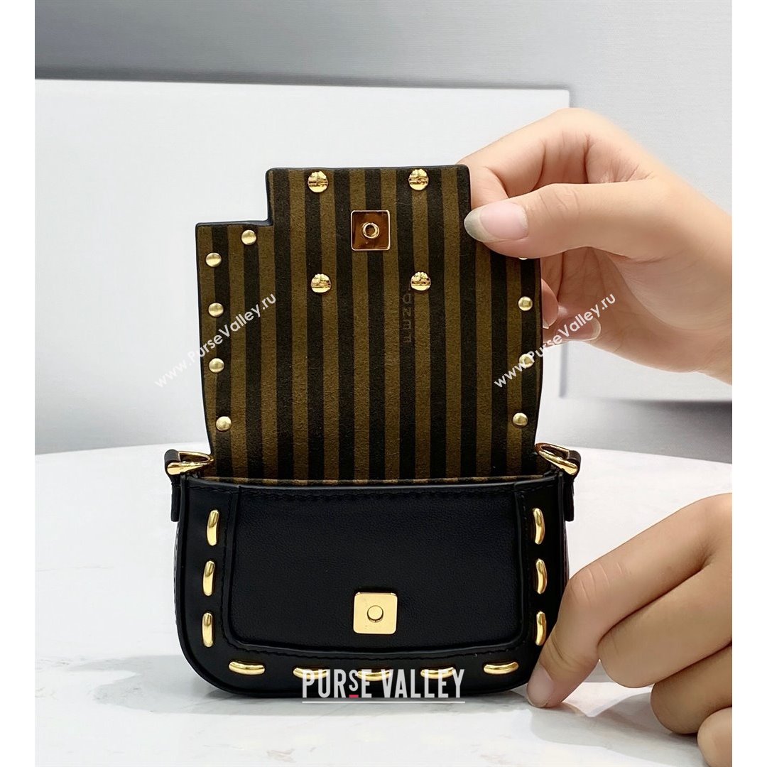 Fendi Nano Baguette Charm in Metal Stitched Leather Black 2021 (CL-21090624)